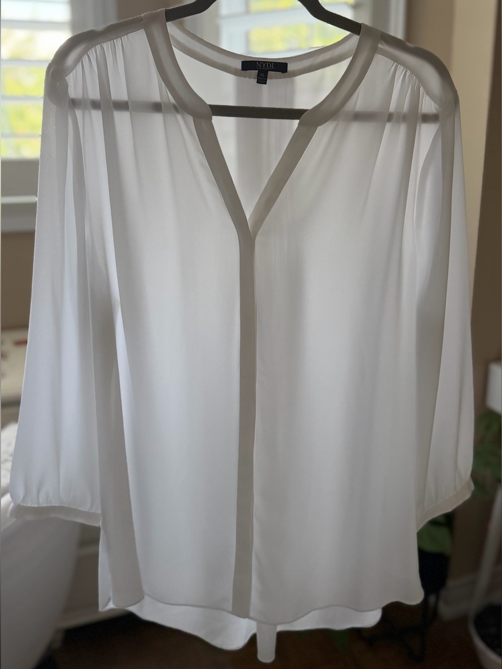 NYDJ White V-Neck Lightweight Semi-Sheer Blouse